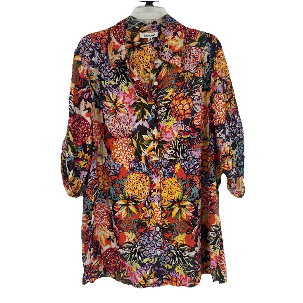 Serengeti Boho Colorful Button Up Shirt Pineapple Print Roll Tab Sleeves Size 1X